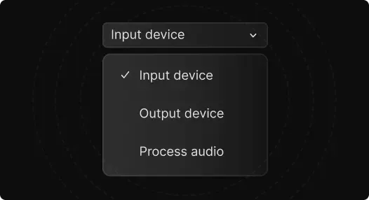 Meld Studio audio capture interface showing input device selection, volume meters, and advanced audio routing options