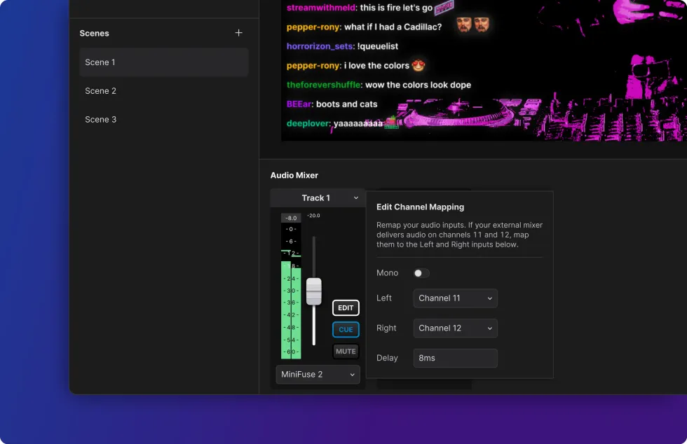 Meld Studio professional audio mixer interface showing multiple audio channels, VST effects, and real-time waveform visualization