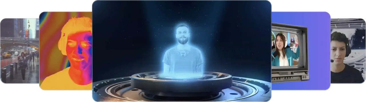 Grid showcase of Meld Studio video effects including color grading, blur, shadows, and creative filters with real-time preview