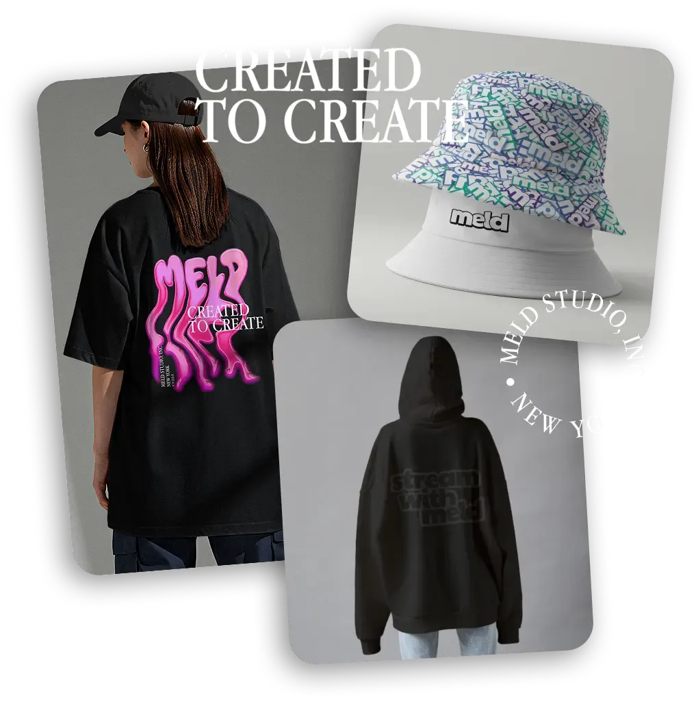 Meld Studio merchandise including t-shirts, hoodies, and bucket hats