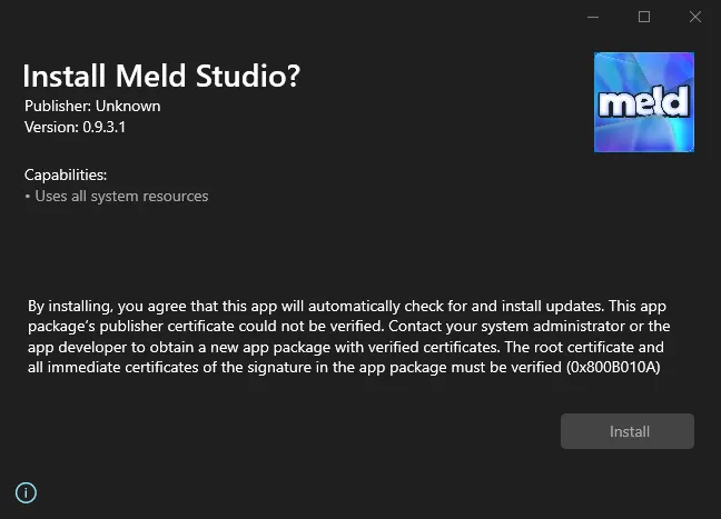 Meld Studio installation dialog showing error 0x800B010A with grayed out Install button