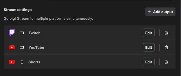 Stream settings in Settings